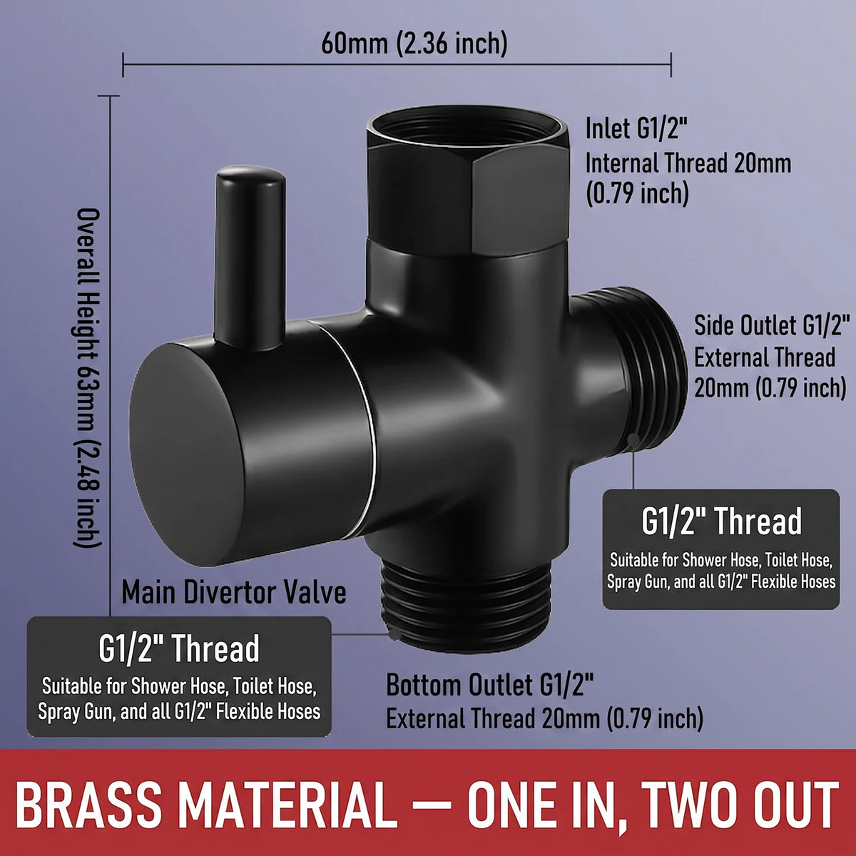 Solid Brass Shower Faucet Diverter Valve Two Way