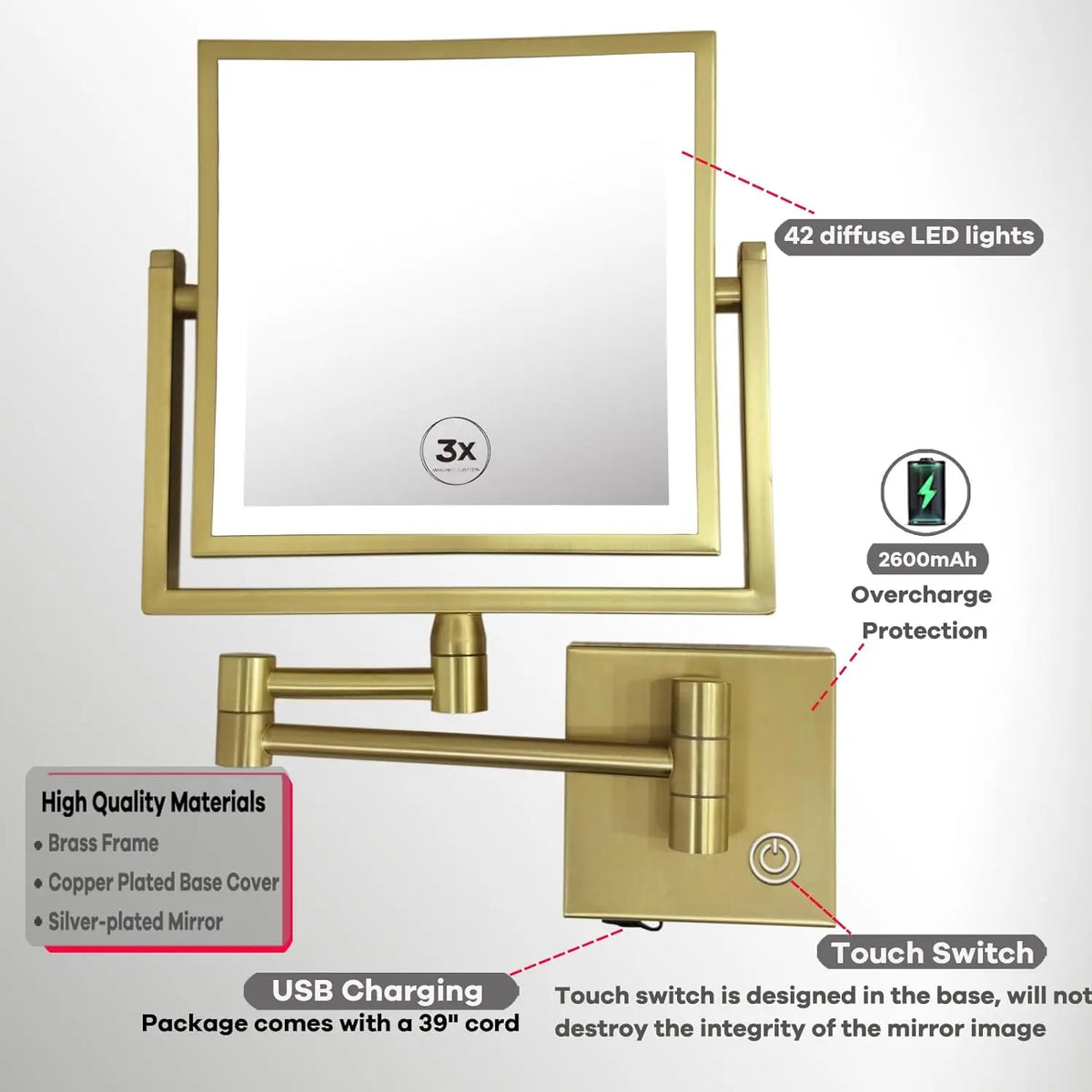 Square Touch Led Folding Bathroom Mirror 3x Magnifying