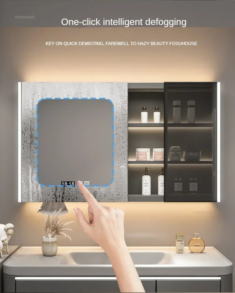 Modern Solid Wood Smart Bathroom Mirror Cabinet Light