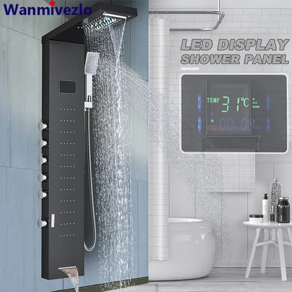 Bathroom Led Light Rain Waterfall Shower Panel Faucet