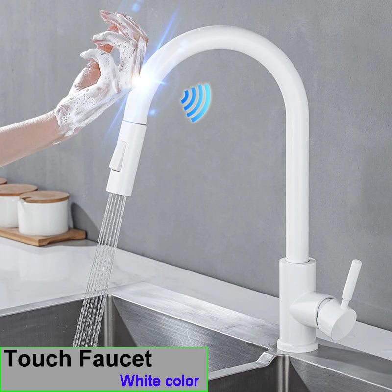 White Touch-On Sink Faucets Pull Down Sprayer Improvement