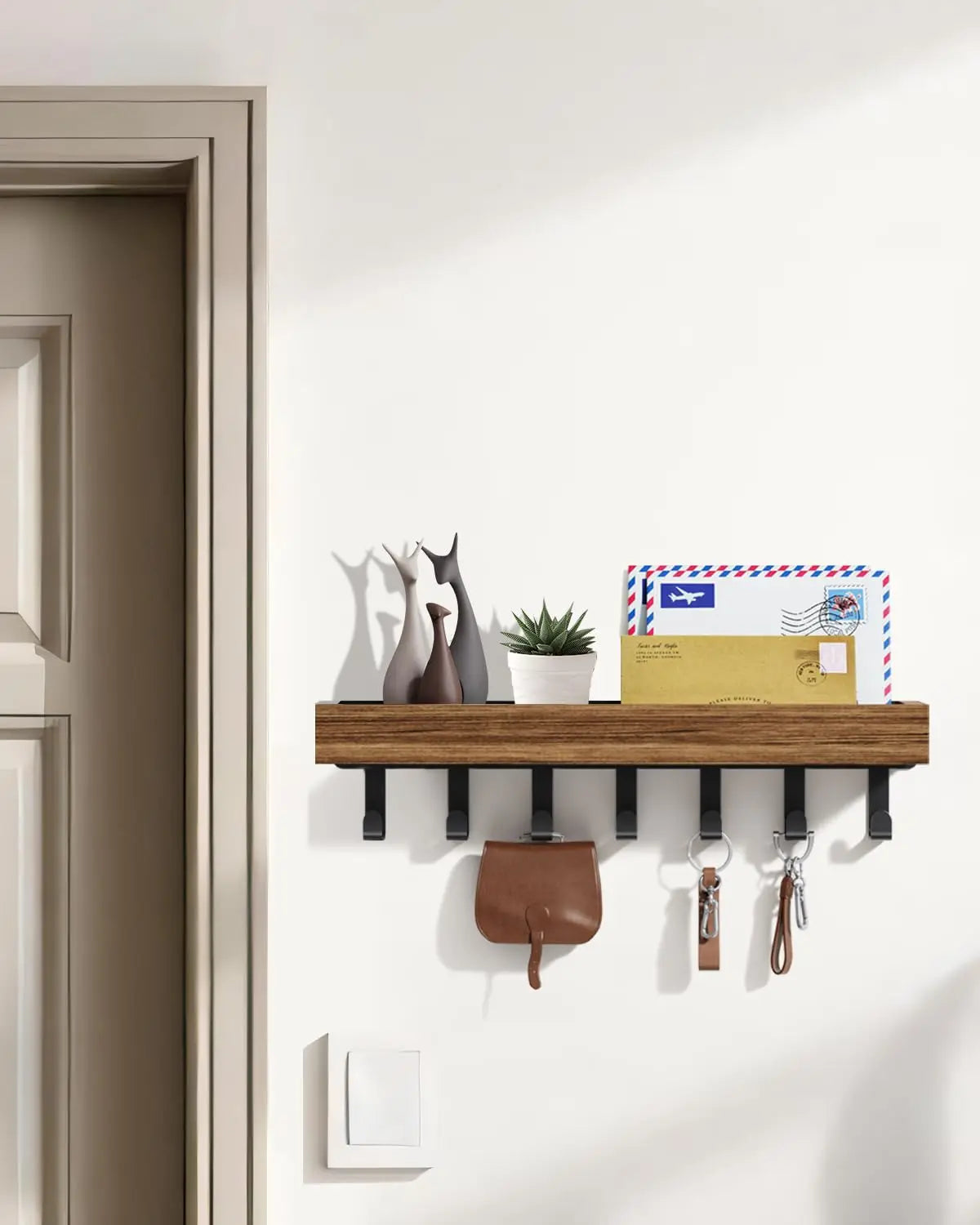 Rustic Wooden Floating Shelf Hooks Shower Caddy Key