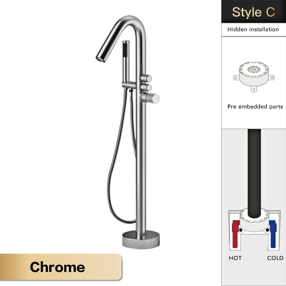Aitna Gold Brass Luxury Bathroom Faucet Floor Standing