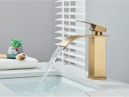 Brushed Golden Basin Faucets Elegant Waterfall Bathroom Sink