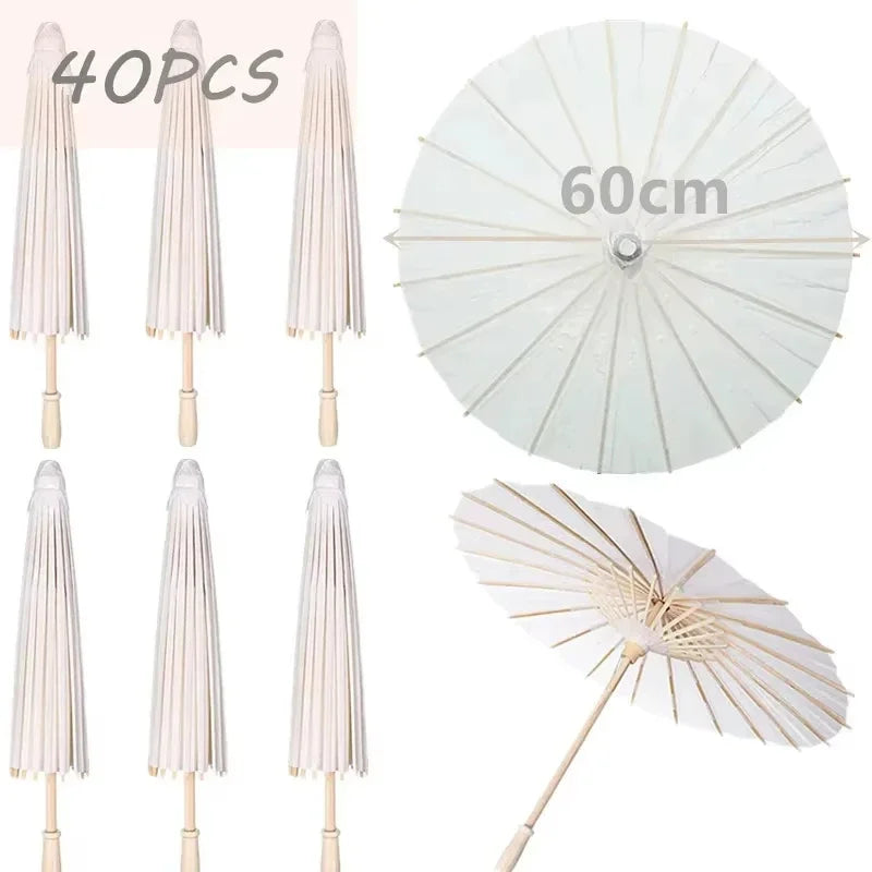 White Wedding Paper Umbrellas 60/80cm Chinese Wooden Handle