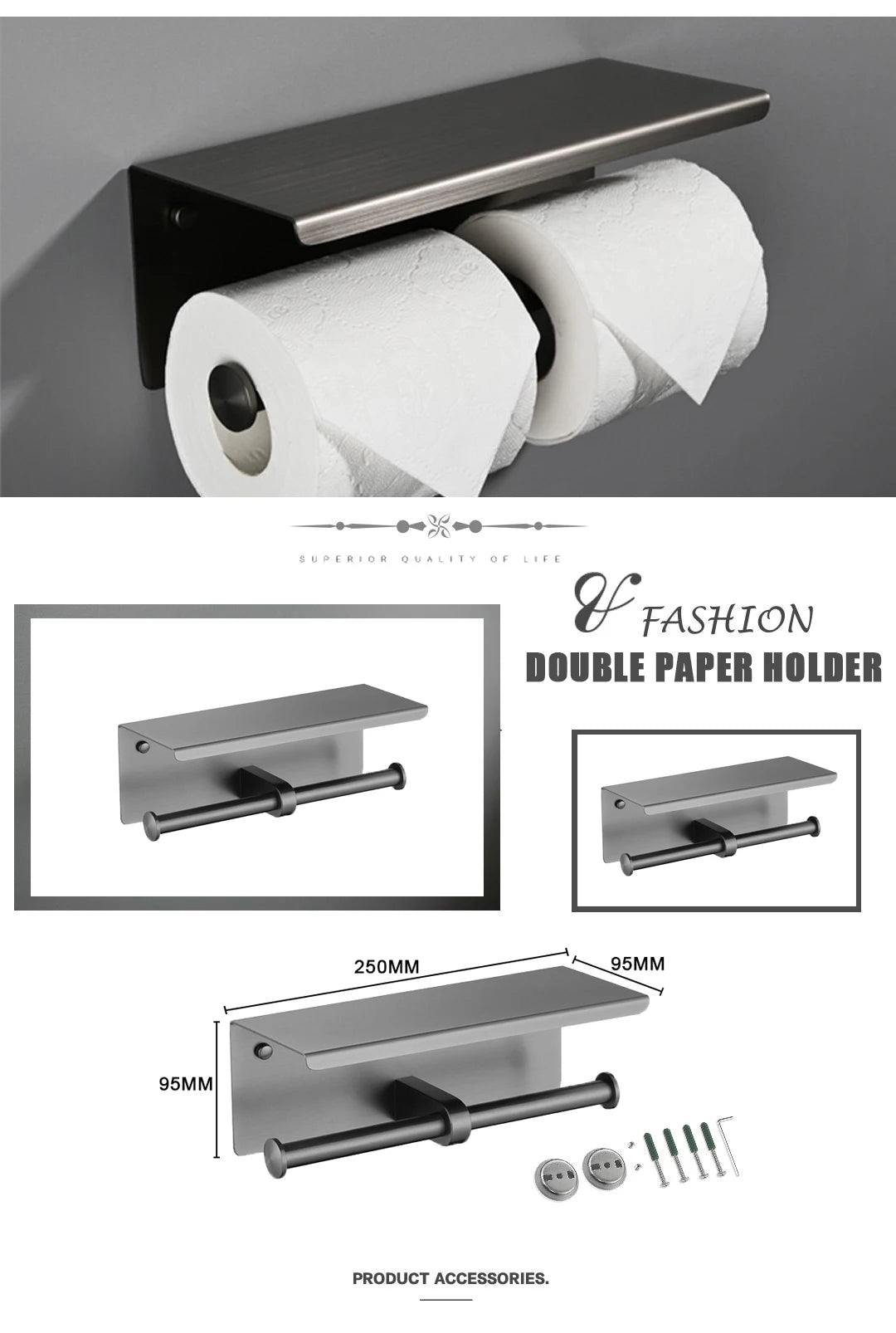 Grey Bathroom Hardware Kit Stainless Steel Round Wall