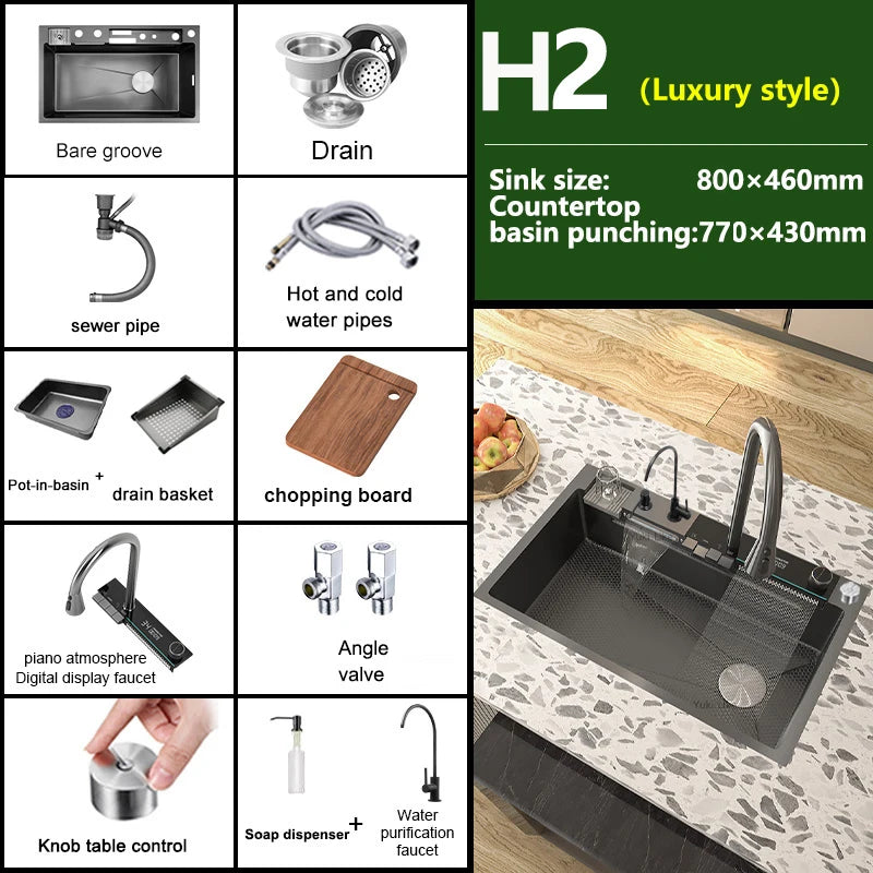 Stainless Steel Waterfall Sink Digital Display Large Slot