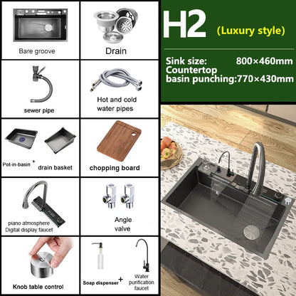 Stainless Steel Waterfall Sink Digital Display Large Slot