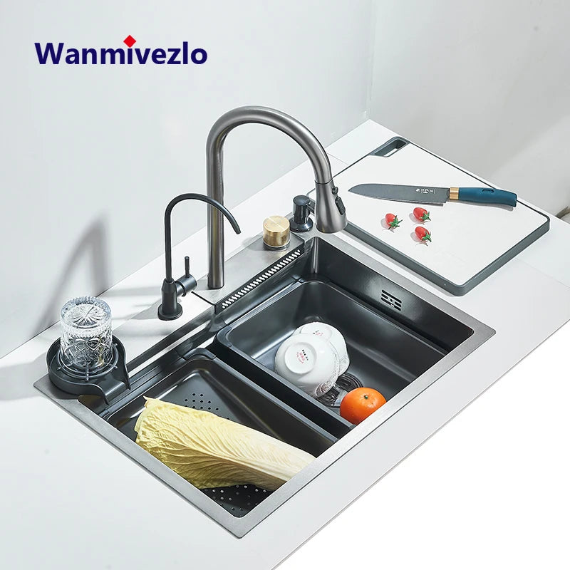 Stainless Steel Waterfall Sink Large Slot Integrated Faucet