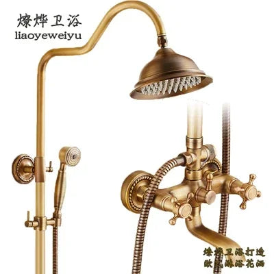 Antique Brass Shower Faucet 8-Inch Rainfall Dual Handle