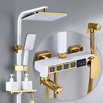 Luxury Thermostatic Bathroom Shower System White Gold Brass