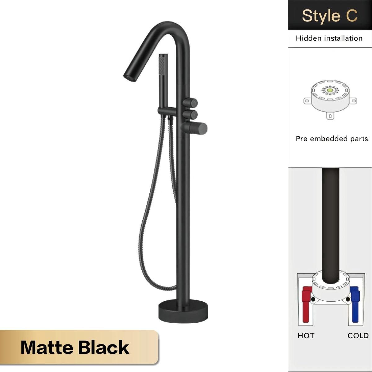 Aitna Gold Brass Luxury Bathroom Faucet Floor Standing