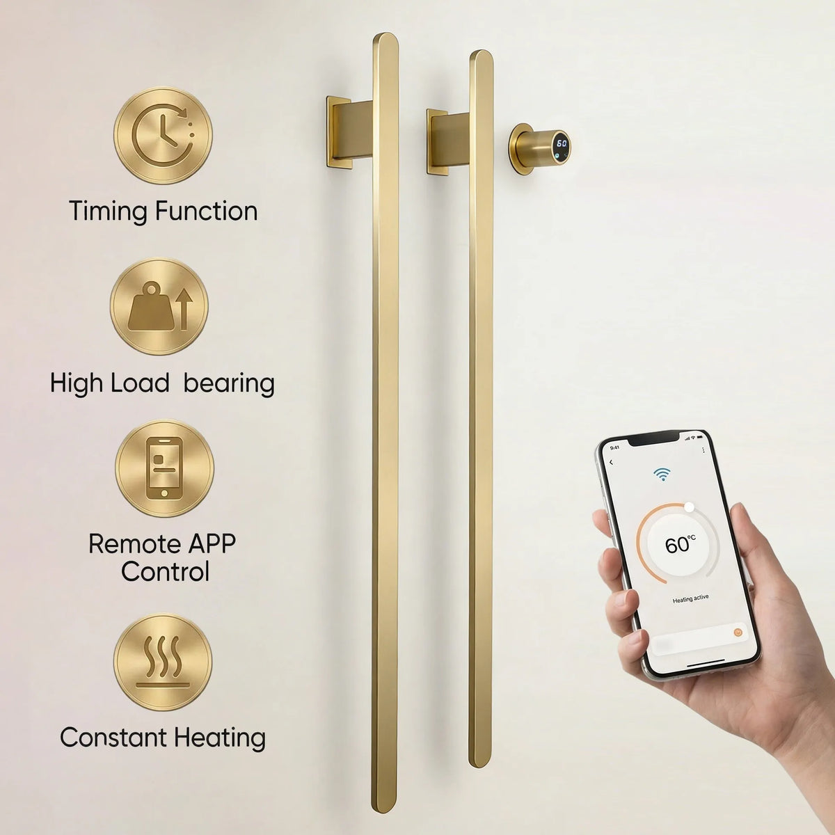 Gold Vertical Heated Towel Rail Large Towels &