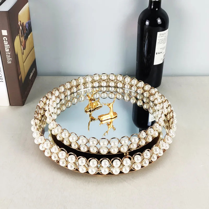 European Pearl-Edged Glass Tray Ornaments Cosmetic Mirror Storage