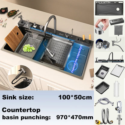 Stainless Steel Waterfall Sink Scratch Durable Resistant Large