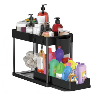 Tier Under Sink Organizer Sliding Storage Rack Hooks