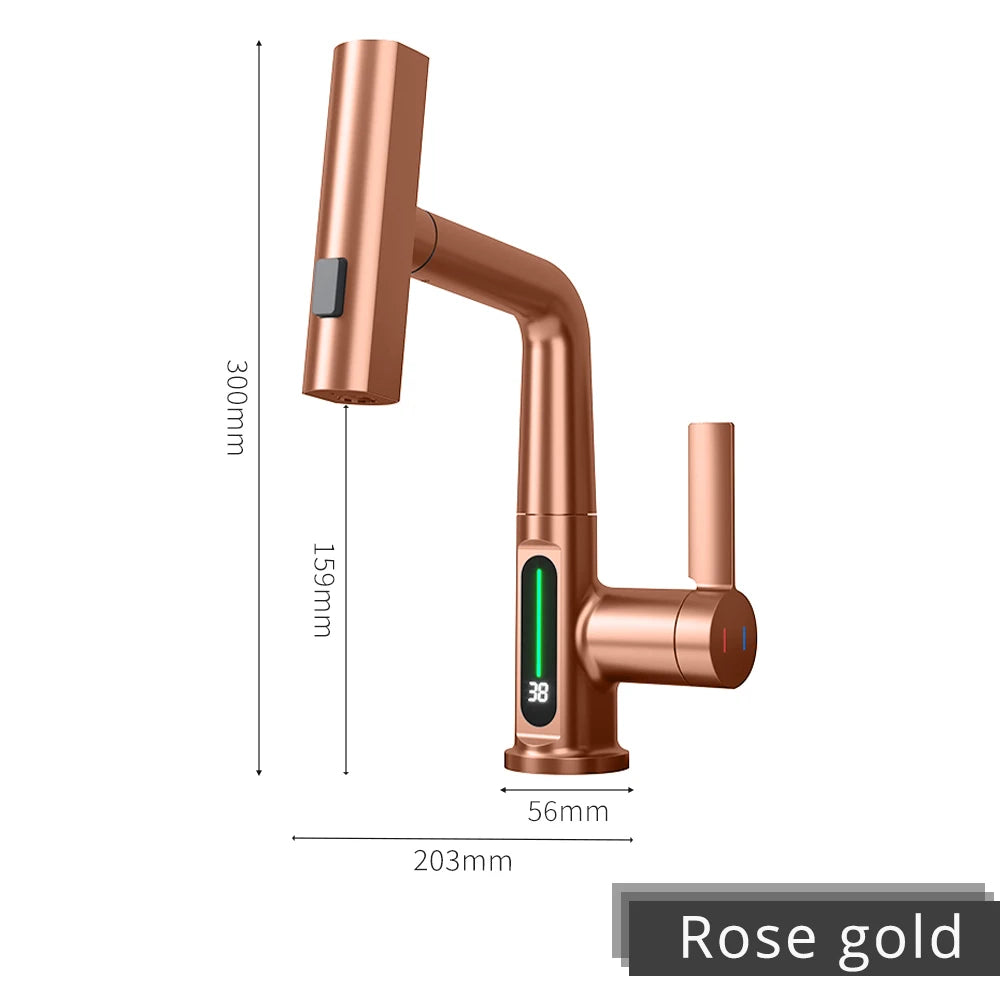 Brushed Gold Basin Faucet Lifting Pull Down Digital