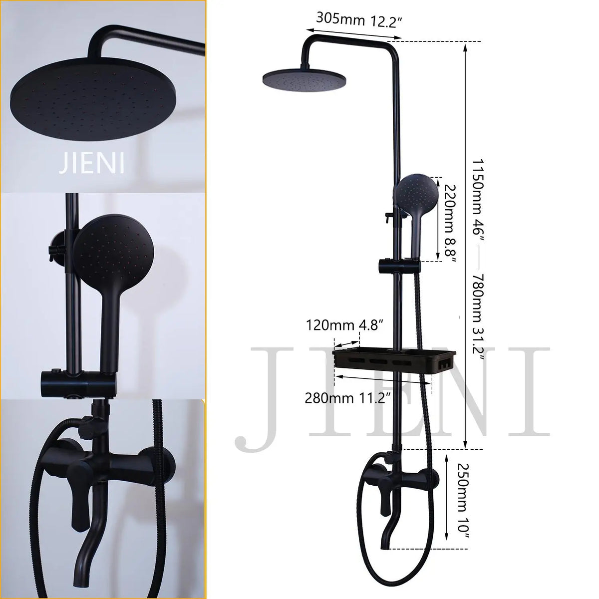 Jieni Matte Black Rainfall Shower Faucet Paint Black