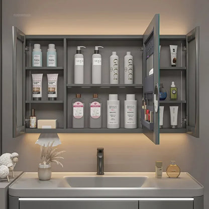 Modern Solid Wood Smart Bathroom Mirror Cabinet Light