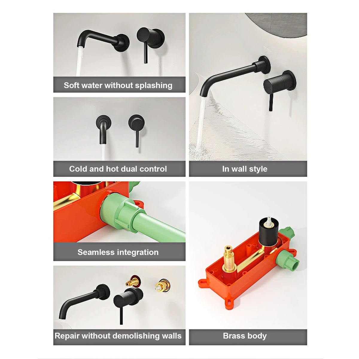 Modern Wall-Mounted Black Brass Bathroom Faucet Concealed Design