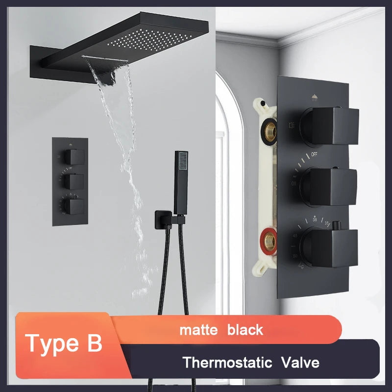 Black Bathroom Thermostatic Faucet Rainfall Waterfall Shower