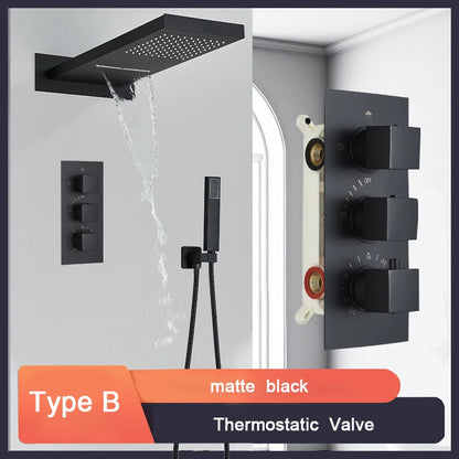 Black Bathroom Thermostatic Faucet Rainfall Waterfall Shower