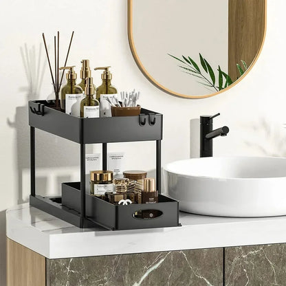 Tier Under Sink Organizer Sliding Storage Rack Hooks