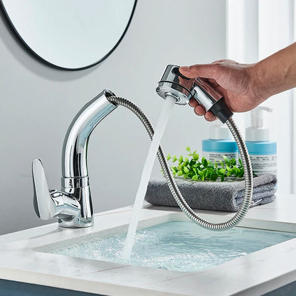 Bathroom Sink Faucet Pull Out Sprayer Deck Mounted
