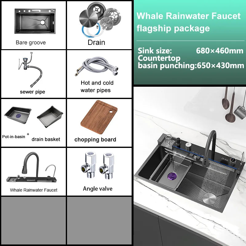 Stainless Steel Waterfall Sink Extra Large Bowl Digital