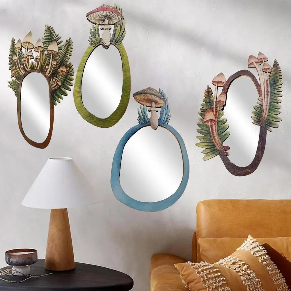 Decorative Wall Mirror Wooden Mushroom Forest Mirror Retro