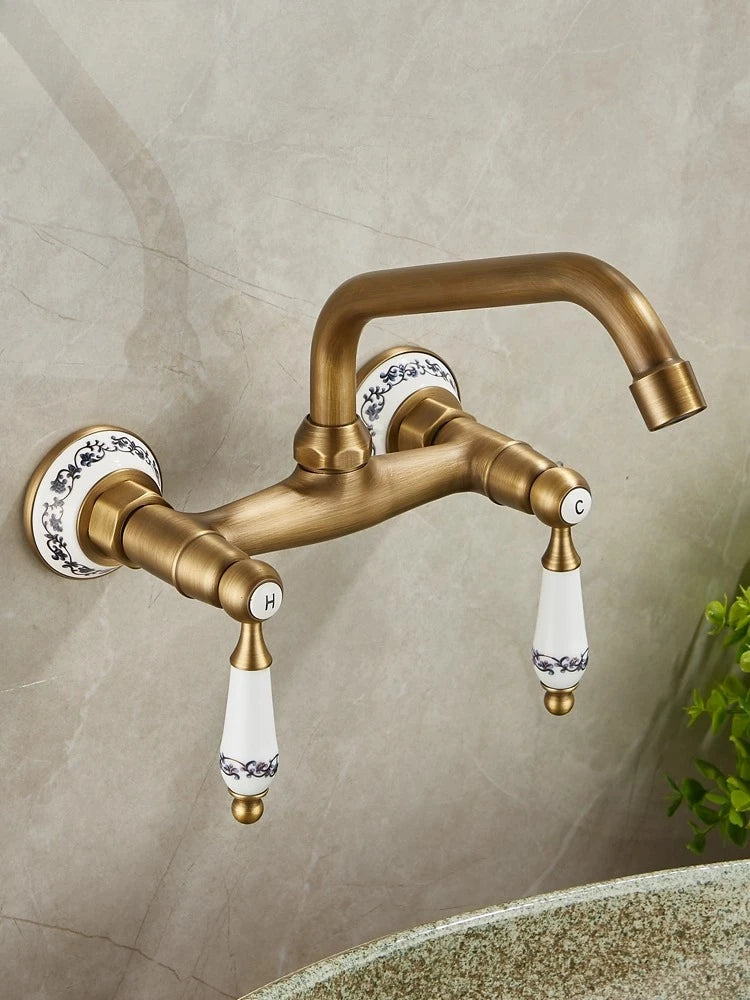 Brass Antique Wall Mounted Washbasin Faucets Double Handle