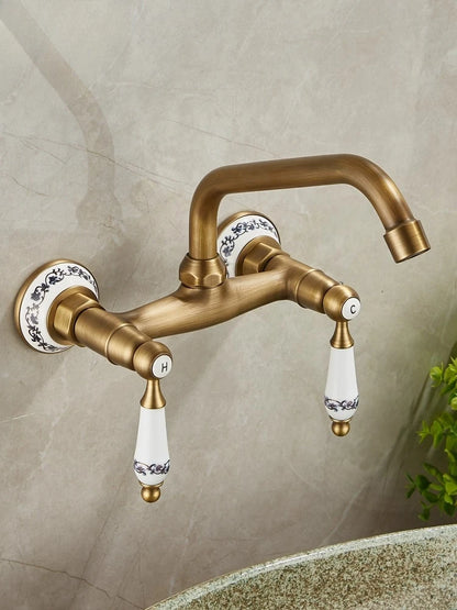 Brass Antique Wall Mounted Washbasin Faucets Double Handle