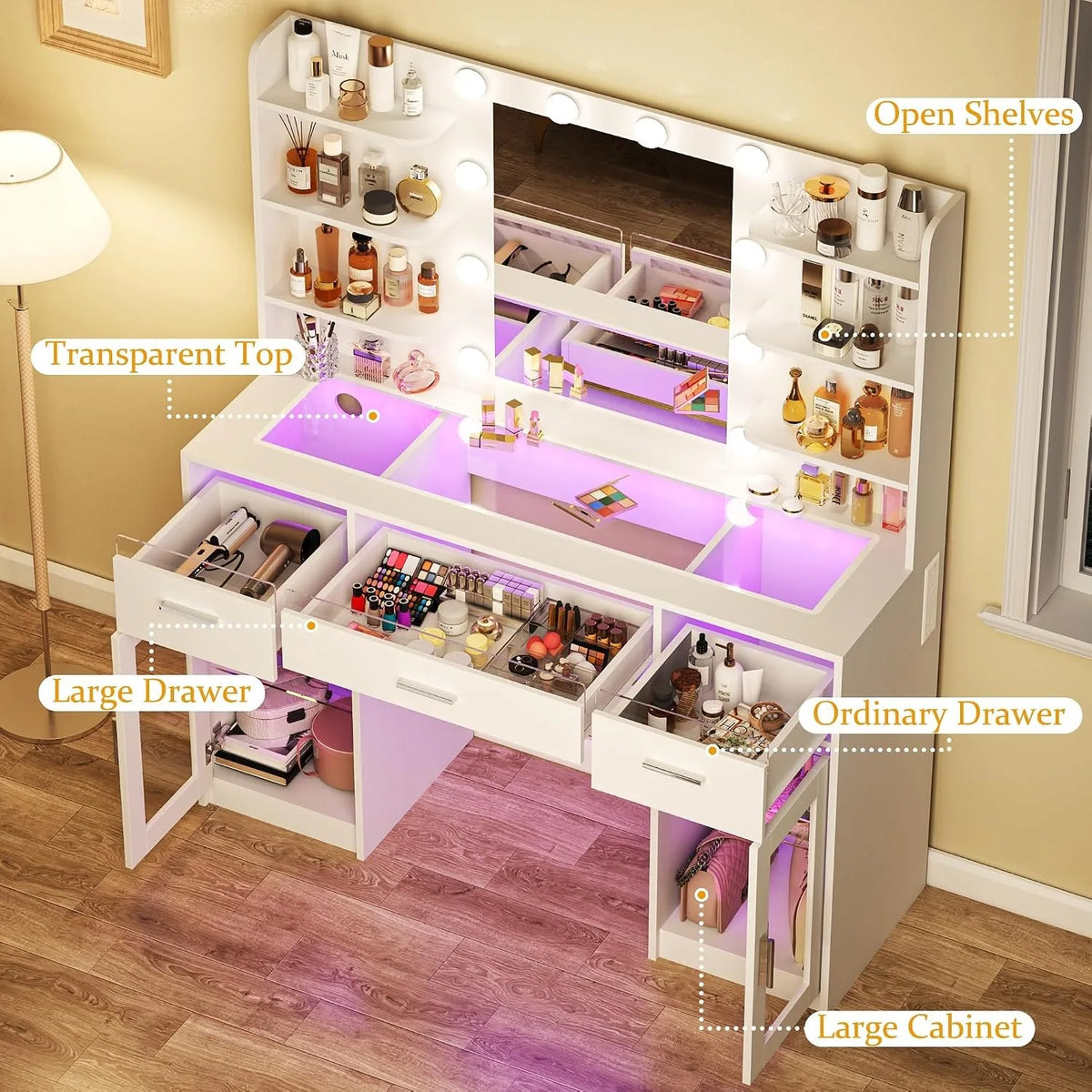 Vanity Desk Color Lighted Mirror Transparent Top Rgb
