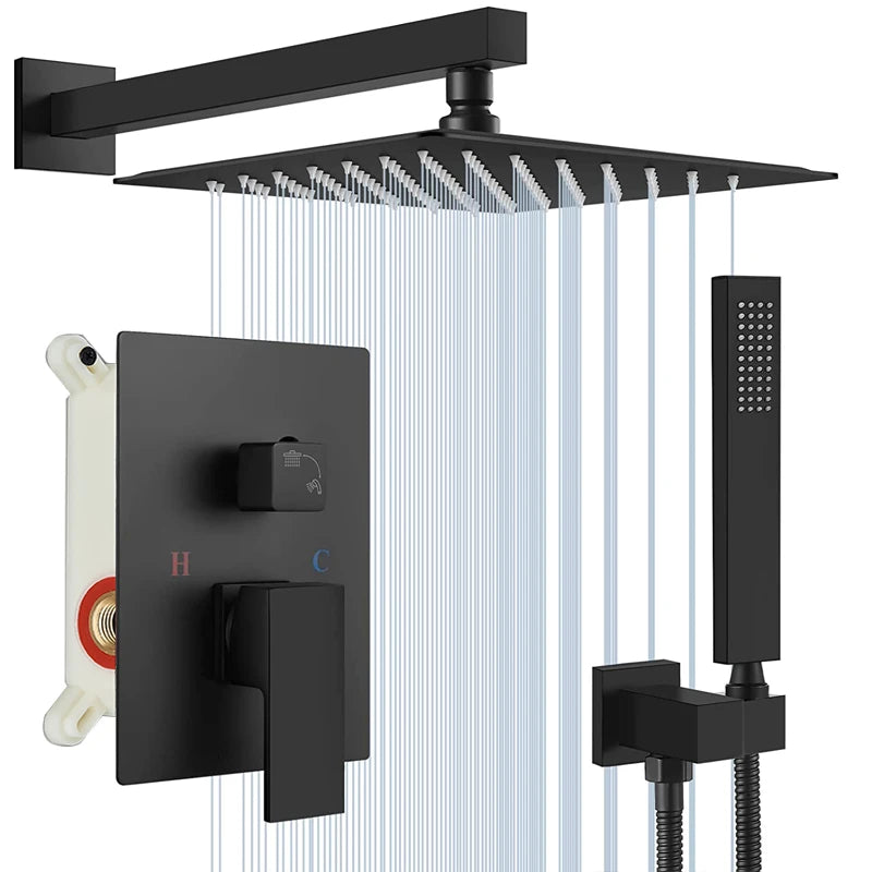 Black Concealed Shower System Rain Waterfall Bathroom Embedded