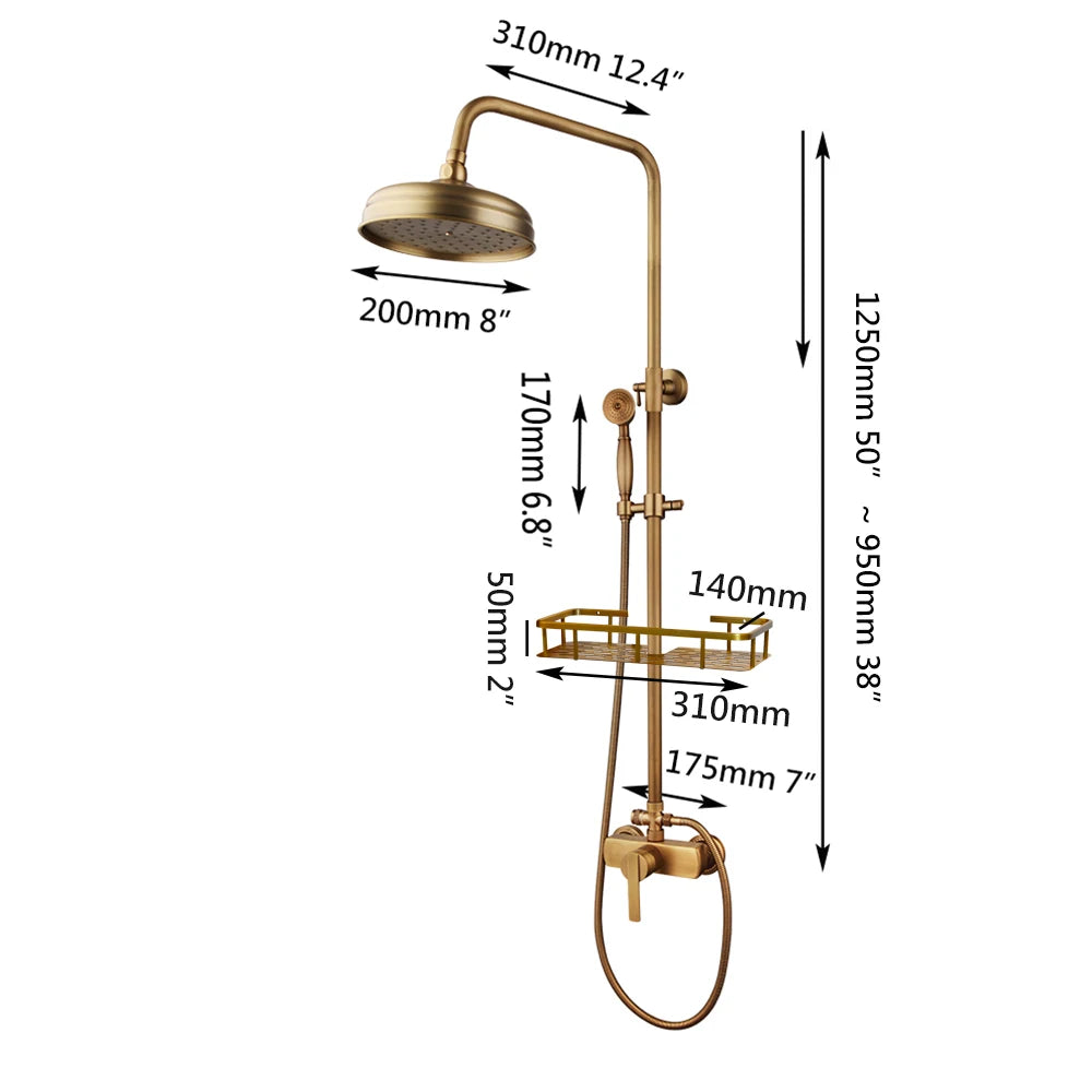 Zappo Antique Brass Shower Systerm Flexible Retro Brass