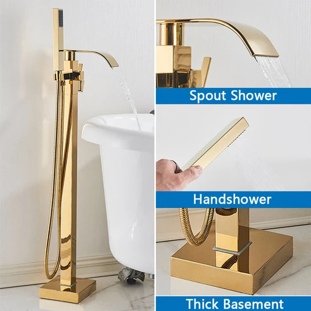 Shbshaimy Chrome Floor Bathroom Bathtub Faucet Handshower Two