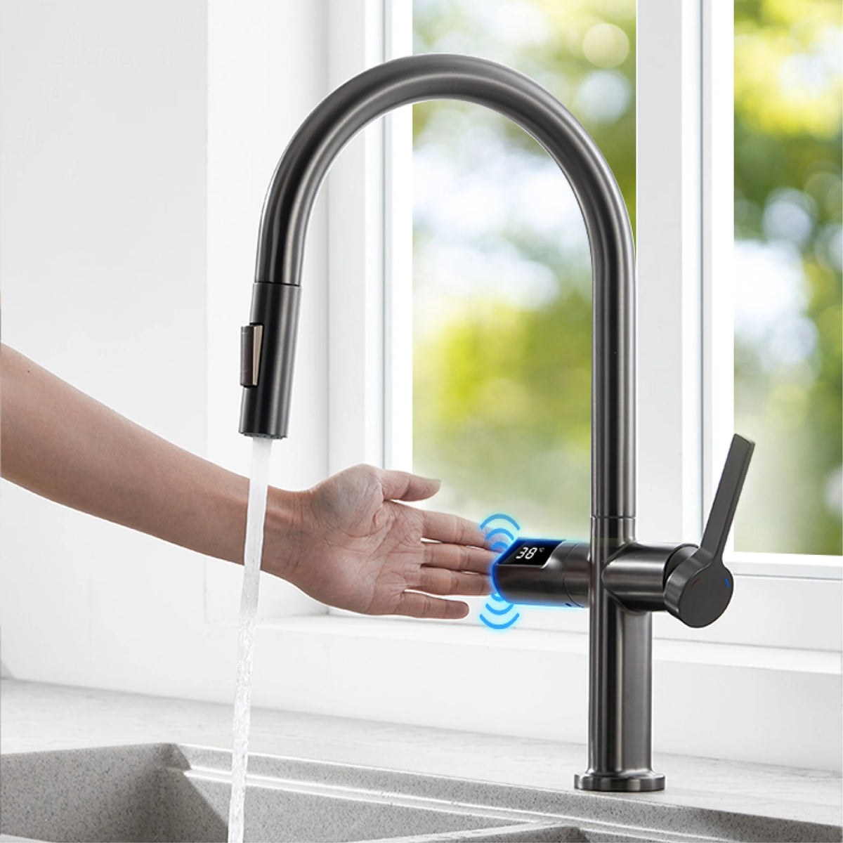 Light Luxury Gun Gray Brass Faucet Digital Display