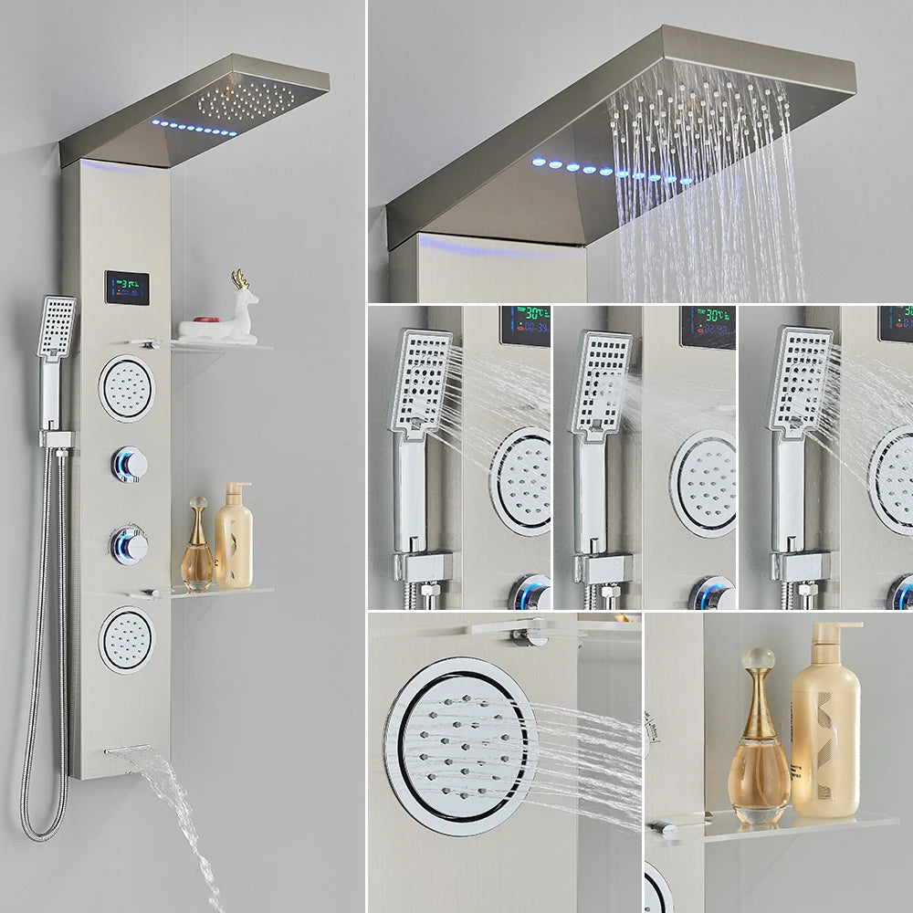 Black/Brushed Bathroom Shower Faucet Led Rainfall Head Shower
