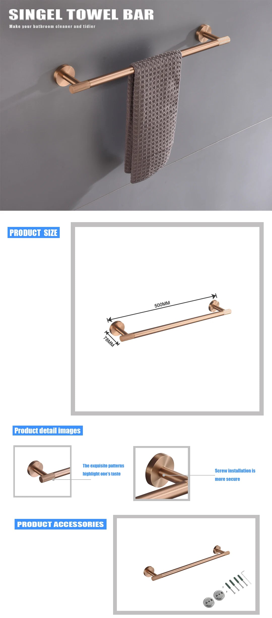Brushed Rose Gold Brass Knurling Toilet Brush Holder