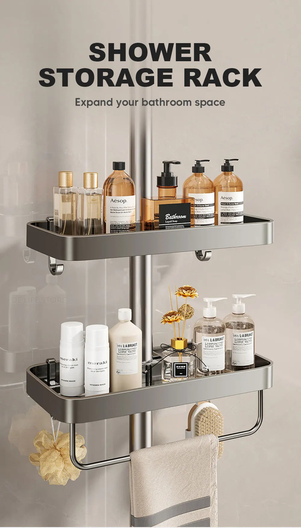 1/2pcs Punch-Free Shower Caddy Towel Rod Bathroom Shelf