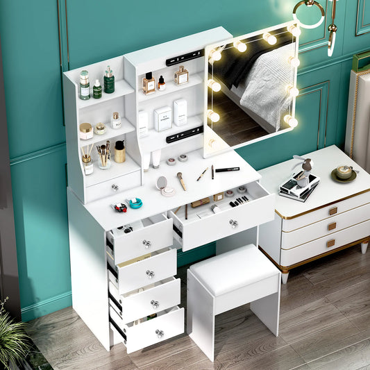 Teousev White Led Makeup Vanity Sliding Mirror 3-Color