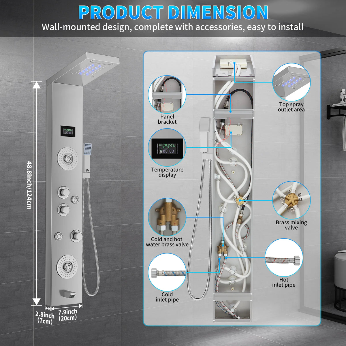 Function Shower Column Panel Stainless Steel Rain Massage