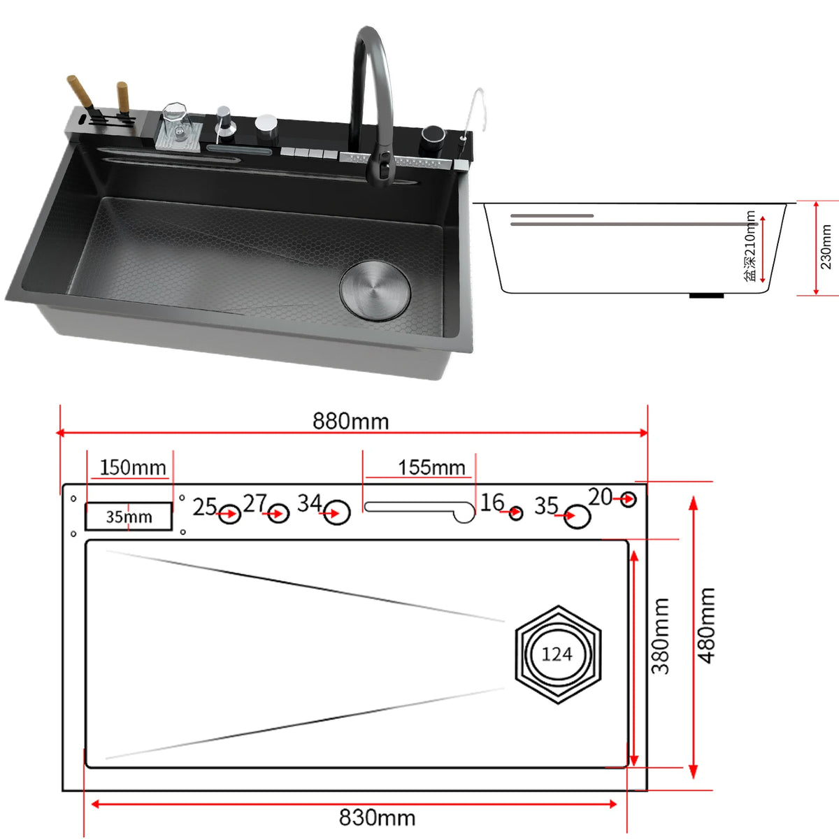 Stainless Steel Sink Digital Display Waterfall Large Slot