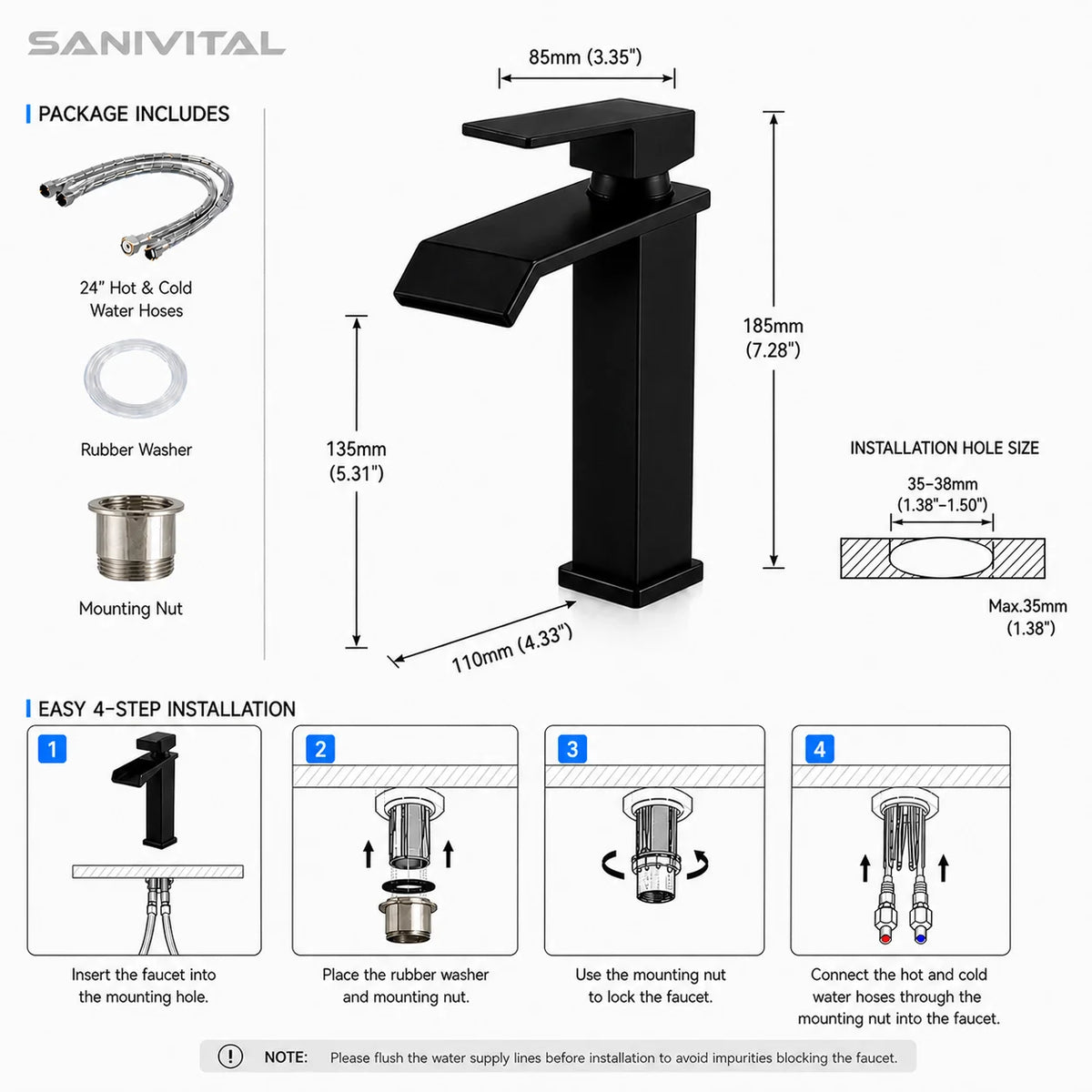 Sanivital Modern Matte Black Waterfall Basin Faucet Cold