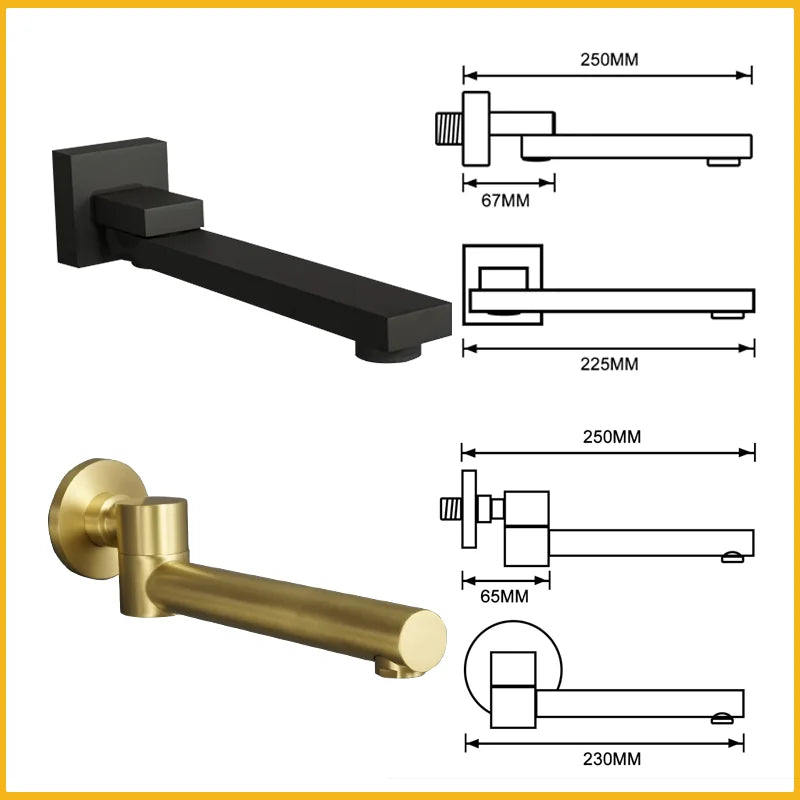 Brass Brushed Gold Mixer Faucet Wall-Mounted Round Square