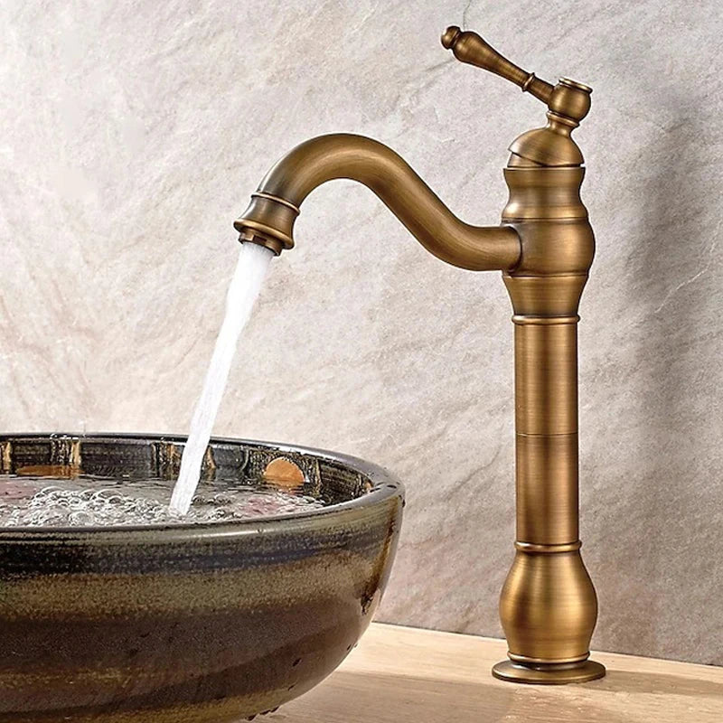 Antique Brass Basin Vessel Sink Faucet Deck Mounted