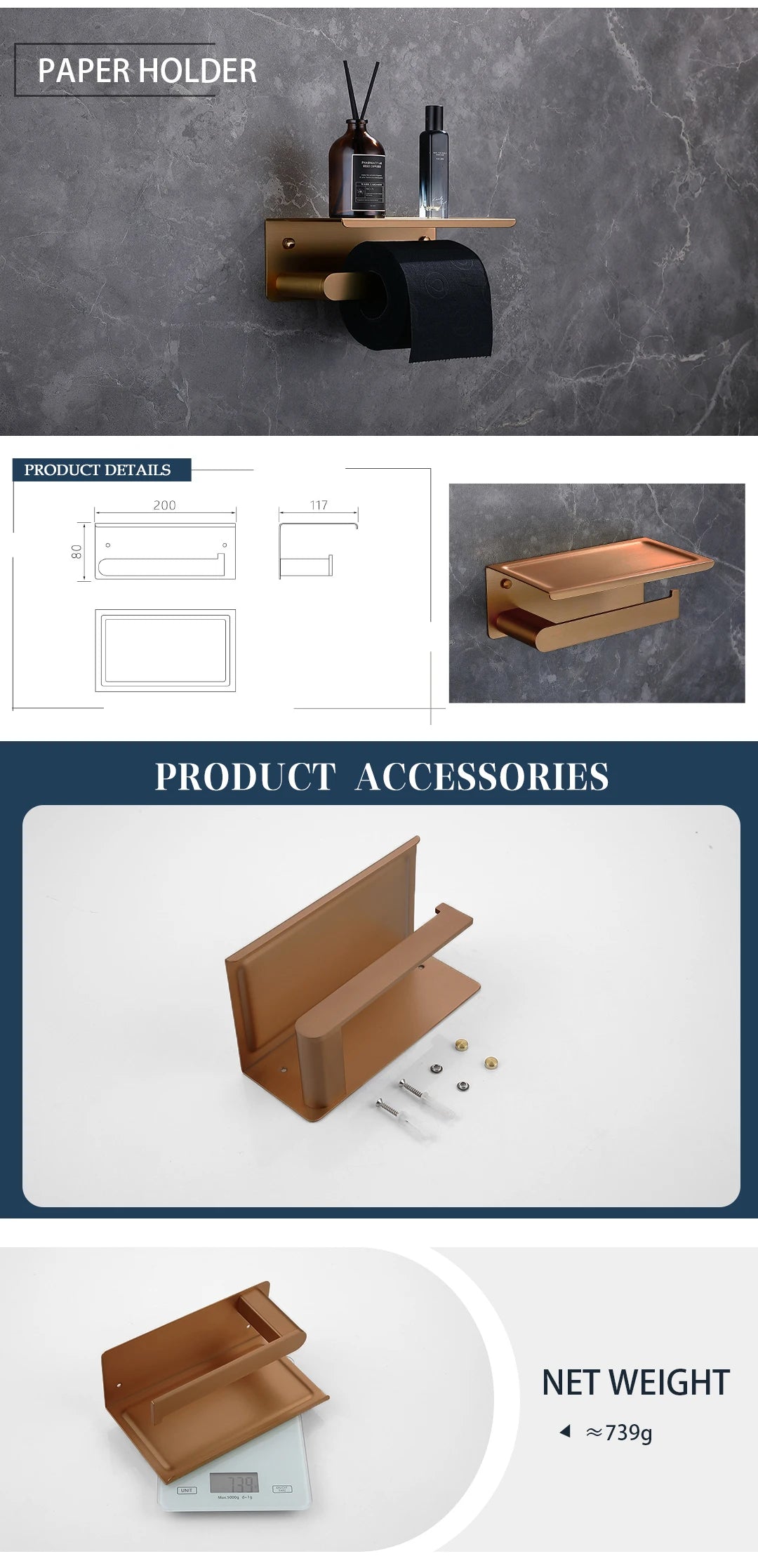 Brushed Rose Gold Wall Mount Shelf Toilet Bath