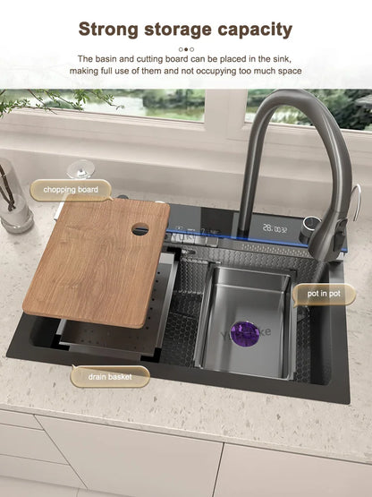 Stainless Steel Waterfall Sink Digital Display Large Slot
