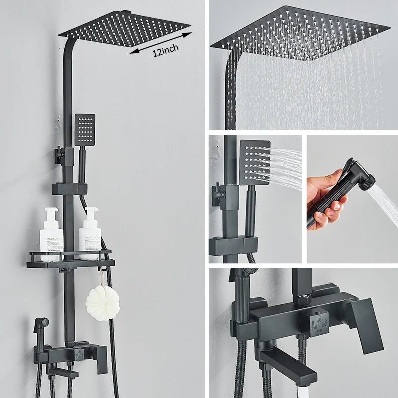 Black Chrome 3/4-Way Shower Faucet Rainfall Shower Cold