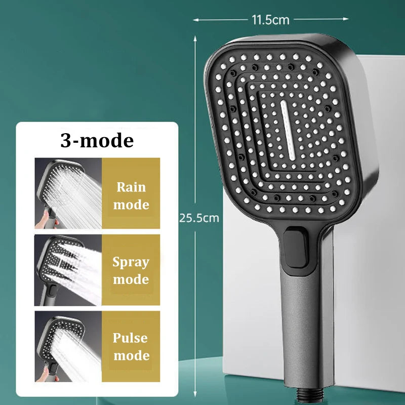 Square 3-Mode Pressurized Shower Head Large Panel Bathroom